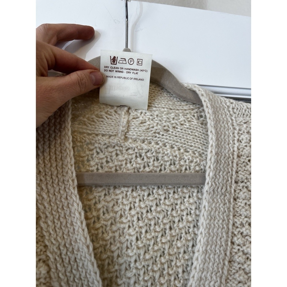 Athena Designs Irish Handknit‎ Wool Cable Knit Sweater Size L Cream Beige V Neck - Picture 6 of 10